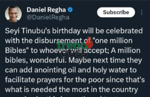 Next time they can add anointing oil, holy water – Daniel Regha reacts to Seyi Tinubu’s 1 million Bibles gift